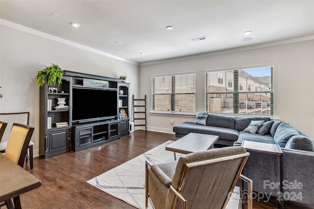 living room featuring crown molding and dark hardwood / wood-style flooring