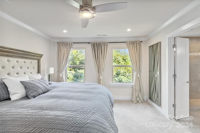 carpeted bedroom with ceiling fan and ensuite bathroom