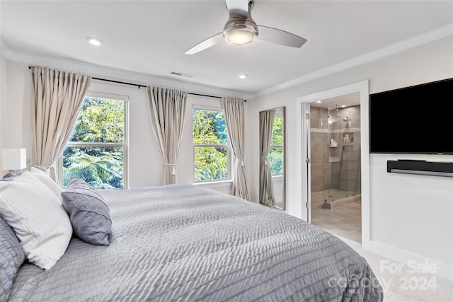 carpeted bedroom with connected bathroom, ceiling fan, crown molding, and multiple windows