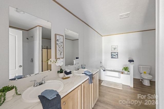 bathroom with toilet, hardwood / wood-style floors, a textured ceiling, vanity, and walk in shower