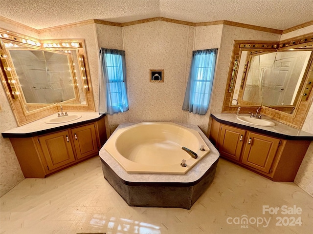 bathroom with vanity, a textured ceiling, and a healthy amount of sunlight