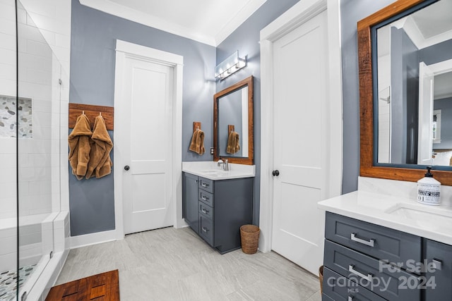 bathroom featuring vanity, crown molding, and an enclosed shower