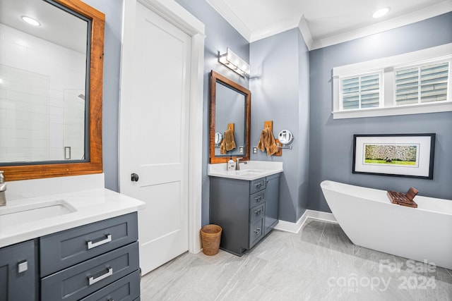 bathroom with vanity, crown molding, and independent shower and bath