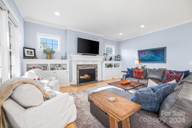 living room with ornamental molding and light wood-type flooring