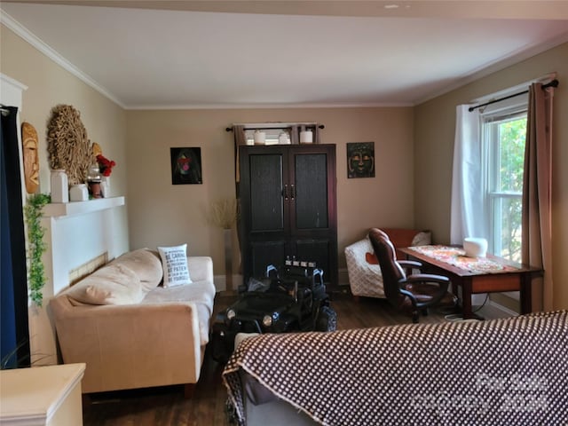 living room featuring dark hardwood / wood-style flooring and ornamental molding