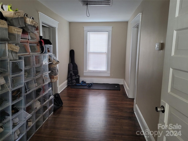 workout area featuring dark hardwood / wood-style floors