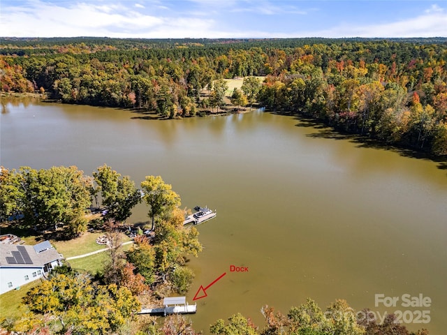 birds eye view of property featuring a water view and a wooded view