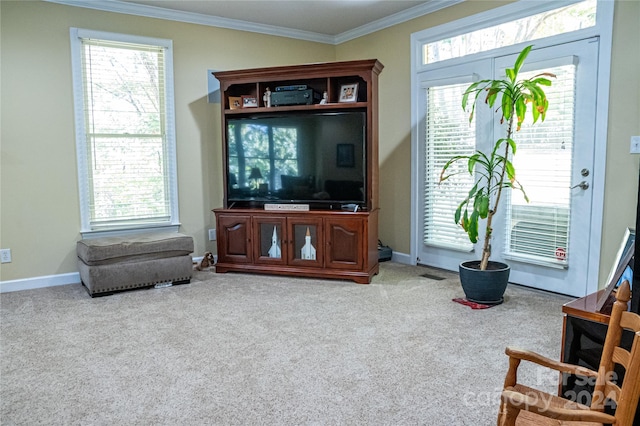 carpeted living room with ornamental molding