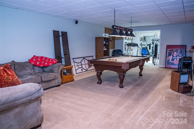 rec room featuring carpet flooring and billiards