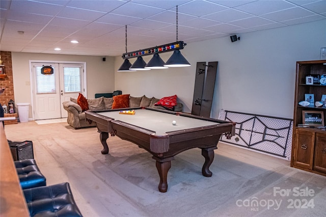 game room with light colored carpet and billiards