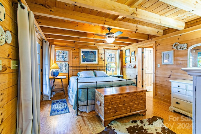 126 Bradley Ascent Ct, Hendersonville, NC 28792 - bedroom featuring light wood-style floors, wood walls, wood ceiling, and beamed ceiling