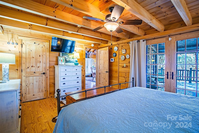 126 Bradley Ascent Ct, Hendersonville, NC 28792 - bedroom with wood finished floors, beam ceiling, wood walls, french doors, and wooden ceiling