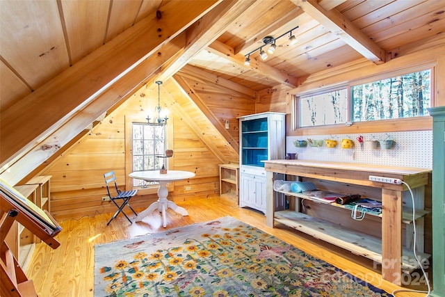 126 Bradley Ascent Ct, Hendersonville, NC 28792 - office space with wooden ceiling, light wood-style floors, rail lighting, and wood walls