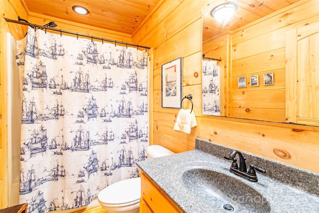 126 Bradley Ascent Ct, Hendersonville, NC 28792 - full bathroom featuring wood ceiling, toilet, wood walls, vanity, and a shower with curtain
