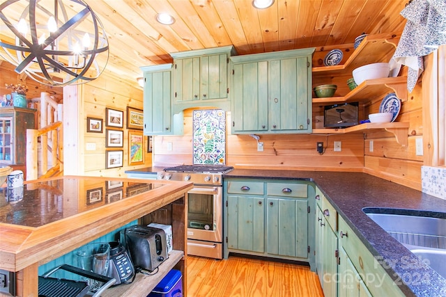 126 Bradley Ascent Ct, Hendersonville, NC 28792 - kitchen with stainless steel gas range oven, open shelves, green cabinetry, wood ceiling, and recessed lighting
