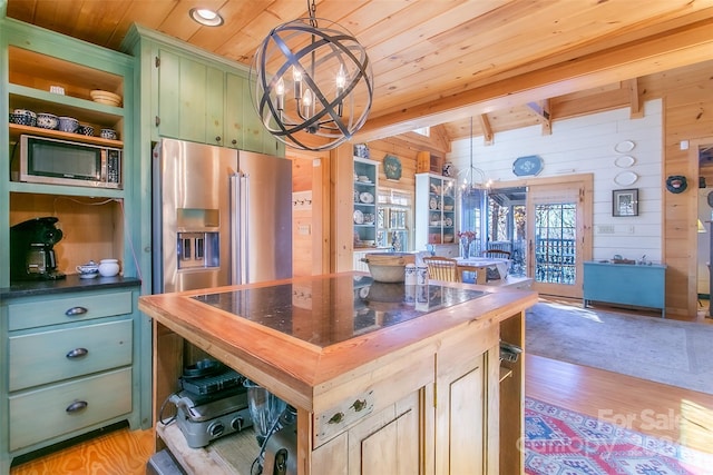 126 Bradley Ascent Ct, Hendersonville, NC 28792 - kitchen featuring green cabinetry, stainless steel appliances, wooden ceiling, wooden walls, and open shelves