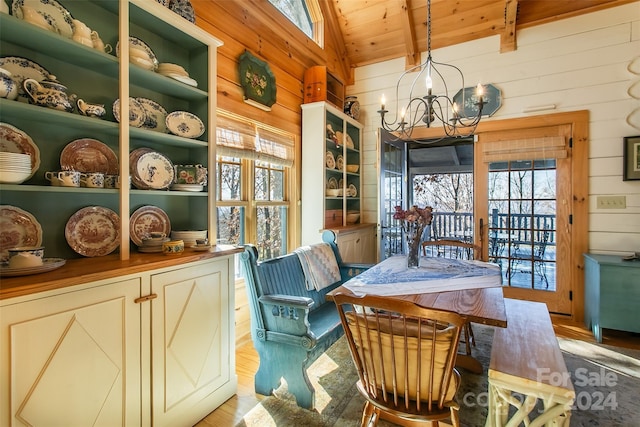 126 Bradley Ascent Ct, Hendersonville, NC 28792 - dining room with wooden walls, a chandelier, wood ceiling, and wood finished floors