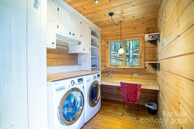 126 Bradley Ascent Ct, Hendersonville, NC 28792 - laundry area with washer and dryer, cabinet space, wood walls, light wood-style floors, and wooden ceiling