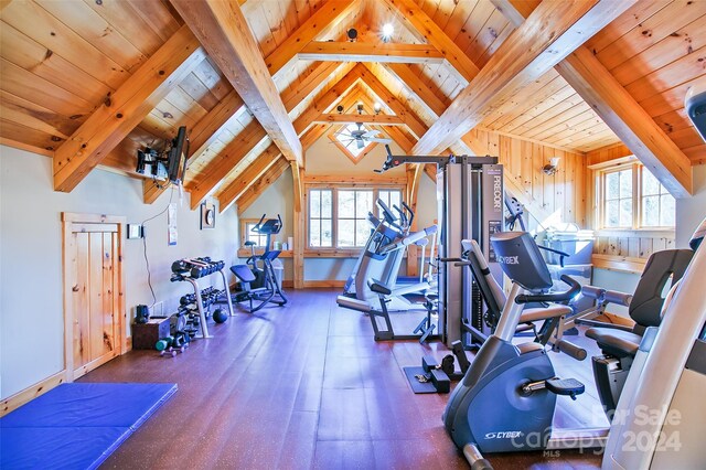 126 Bradley Ascent Ct, Hendersonville, NC 28792 - workout area featuring wood ceiling, plenty of natural light, and baseboards