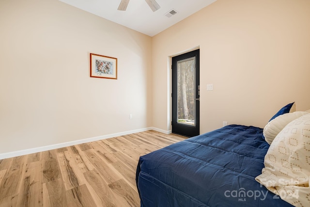 bedroom featuring ceiling fan and light wood-type flooring