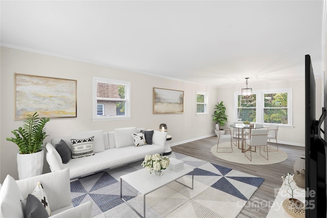 living room featuring wood-type flooring, crown molding, and an inviting chandelier