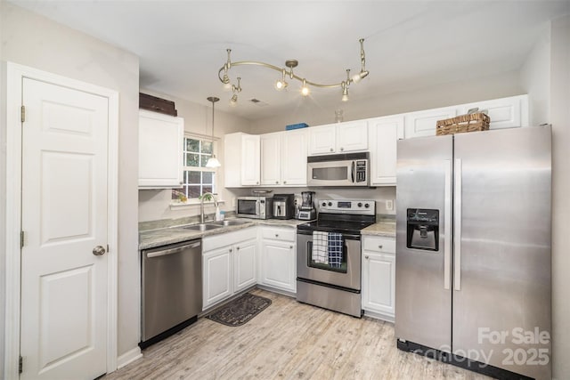 kitchen featuring appliances with stainless steel finishes, pendant lighting, white cabinetry, sink, and light wood-type flooring