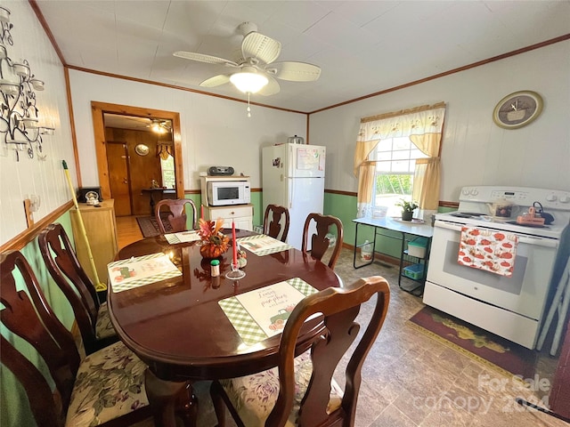 dining area with ceiling fan and crown molding