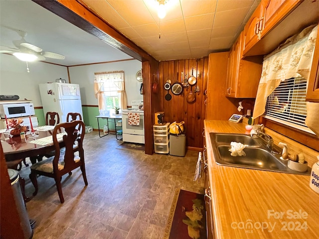 kitchen with sink, ceiling fan, white appliances, dark wood-type flooring, and wooden walls