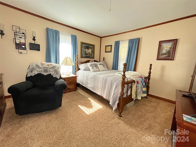 carpeted bedroom featuring crown molding