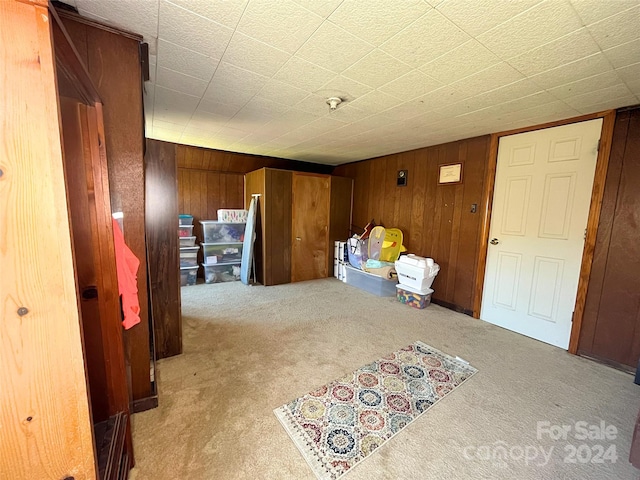 interior space featuring wood walls and light carpet