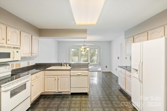 kitchen with white appliances, ceiling fan, sink, and kitchen peninsula