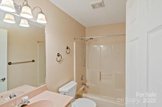 full bathroom with toilet, shower / washtub combination, vanity, and visible vents