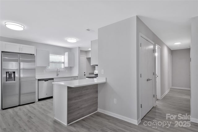 kitchen featuring sink, white cabinetry, light hardwood / wood-style flooring, appliances with stainless steel finishes, and kitchen peninsula