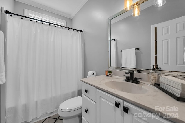 full bathroom with tile patterned floors, ornamental molding, vanity, shower / tub combo with curtain, and toilet