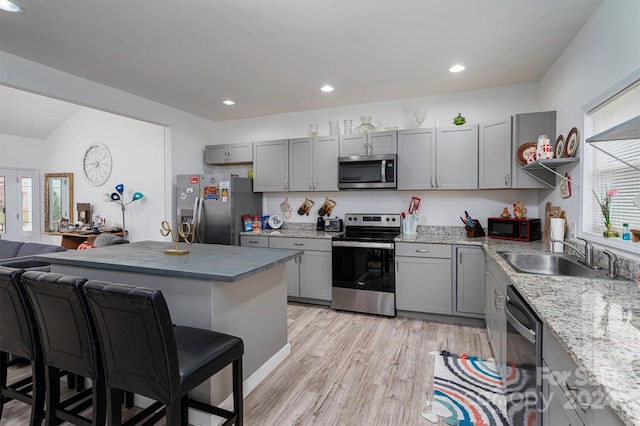 kitchen featuring light wood-type flooring, stainless steel appliances, sink, and a wealth of natural light