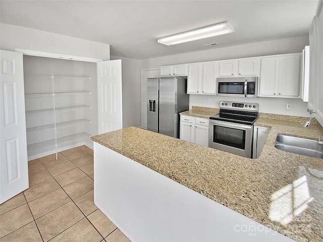 kitchen with kitchen peninsula, sink, light stone countertops, white cabinetry, and appliances with stainless steel finishes