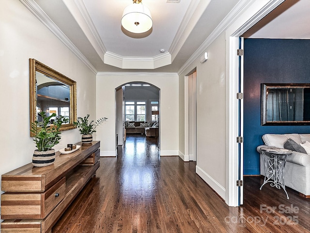 corridor featuring a raised ceiling, dark hardwood / wood-style floors, and ornamental molding