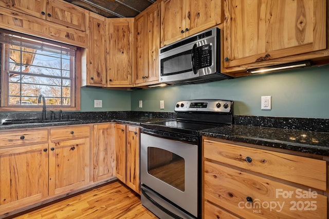 kitchen with stainless steel appliances, light wood-type flooring, dark stone countertops, and sink