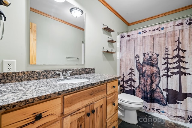 bathroom with toilet, ornamental molding, tile patterned floors, and vanity