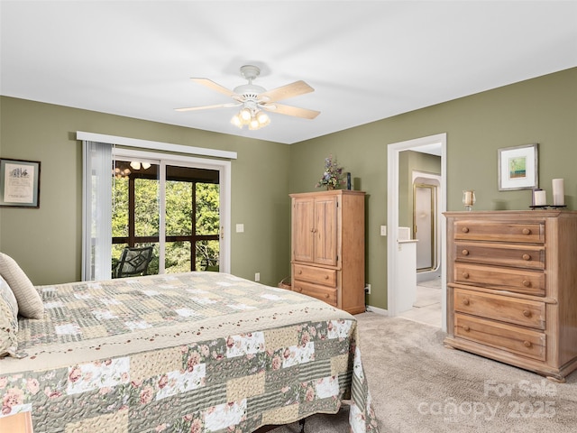 carpeted bedroom featuring ceiling fan, ensuite bath, and access to exterior