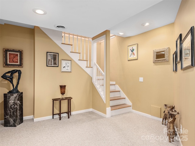 stairway featuring carpet floors