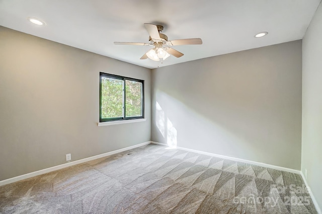 carpeted empty room featuring recessed lighting, baseboards, and ceiling fan