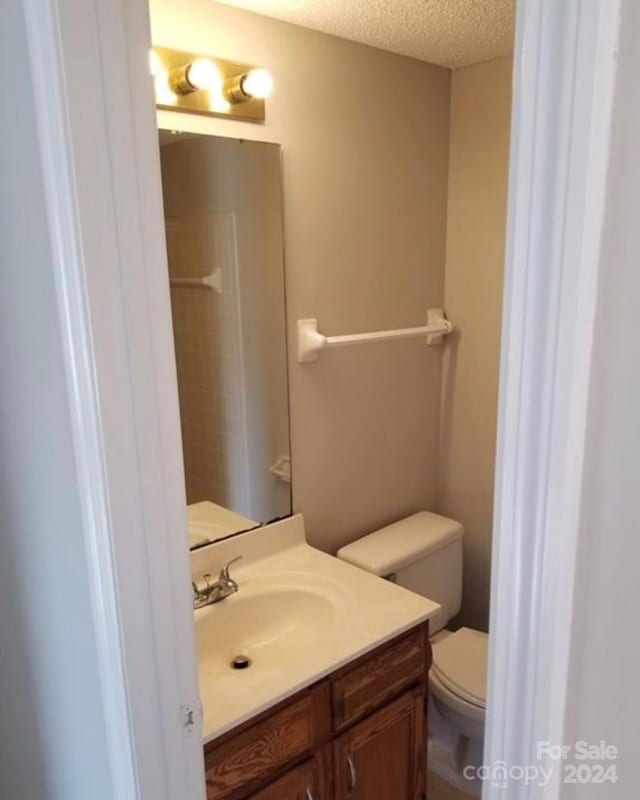 bathroom with vanity, a textured ceiling, and toilet