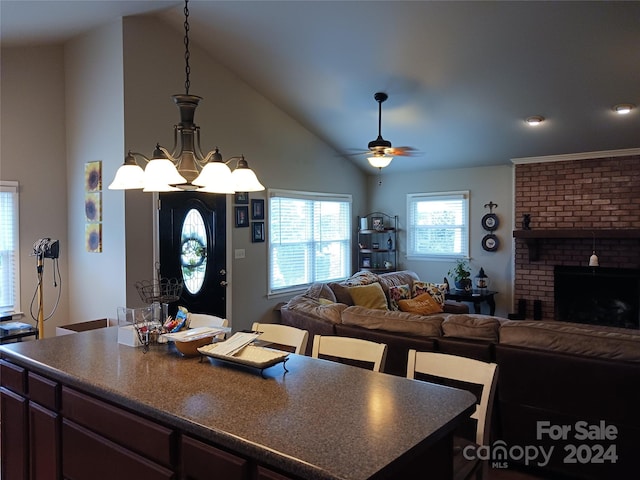 309 Rodoret St N, Valdese, NC 28690 - kitchen with lofted ceiling, open floor plan, and dark countertops