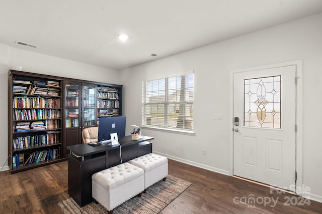 home office featuring dark wood-type flooring