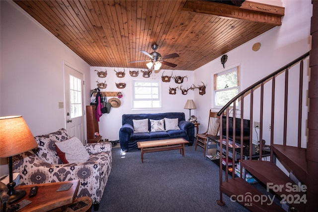 living room with a healthy amount of sunlight, wooden ceiling, and ceiling fan