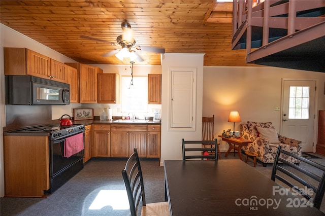 kitchen featuring black appliances, sink, ceiling fan, wooden ceiling, and dark colored carpet