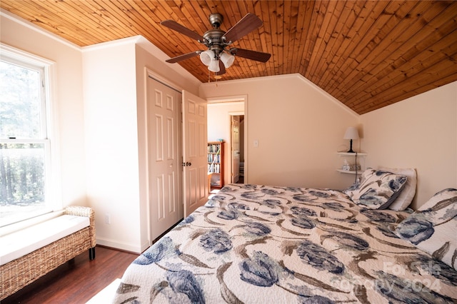 bedroom with lofted ceiling, wooden ceiling, crown molding, ceiling fan, and dark hardwood / wood-style flooring