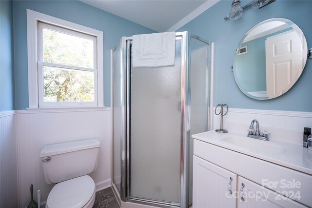 bathroom featuring toilet, walk in shower, and vanity