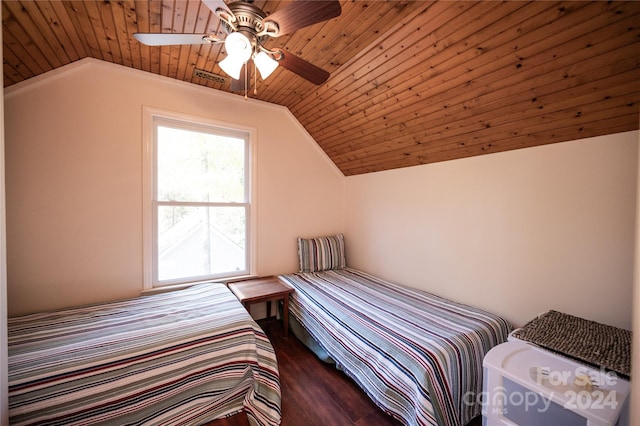 unfurnished bedroom with dark wood-type flooring, ceiling fan, wooden ceiling, and vaulted ceiling